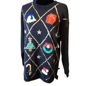 Work In Progress Sweater Appliqued Embroidered Christmas‎ 7Cotton M…